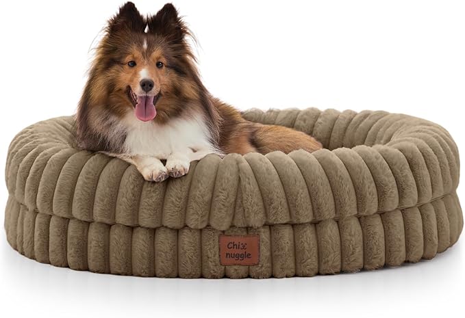 ChiXnuggle Dog Bed Medium Sized Dog - Luxury Striped Faux Fur Waterproof Dog Couch with Removable Washable Cover, Orthopedic Dog Bed with Bolster Sides for Sleeping, Taupe