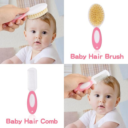 Infant Grooming Essentials: Electric Safety Nail Trimmer, Nasal Aspirator, Hair Brush, Comb, Nail Clipper (27 Piece Safety Care Set for Newborns - Pink)