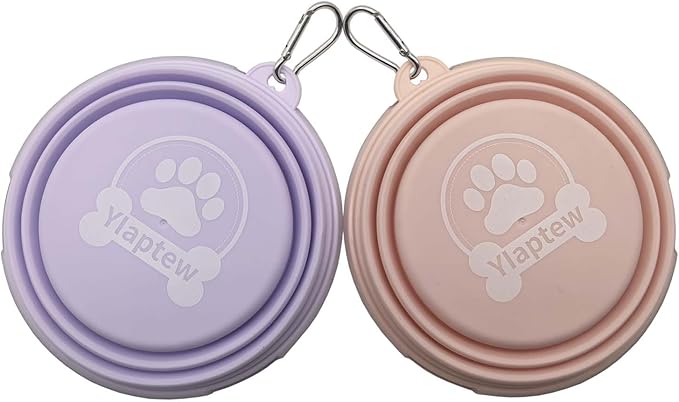 Medium Collapsible Dog Bowl 23oz,2 Pack Portable and Foldable Pet Travel Bowls with 2 Carabiners & Lids for Dogs Cats and Small Animals (Macaron Purple+Pink, 650ml)