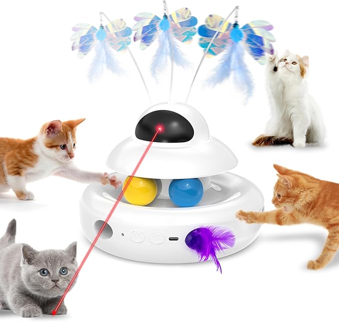 MOHAYA Interactive Cat Toys for Indoor Cats,4-in-1 Automatic Kitten Toy with Laser, Fluttering Butterfly, Moving Feather & Track Balls, USB Rechargeable Self-Play Electronic Toy for Kittens & Adults