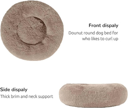 HACHIKITTY Calming Donut Cuddler Dog Bed, Round Fluffy Pet Bed with Sewn-in Cushionfor Large Dogs,Washable, Large, Taupe, 30''