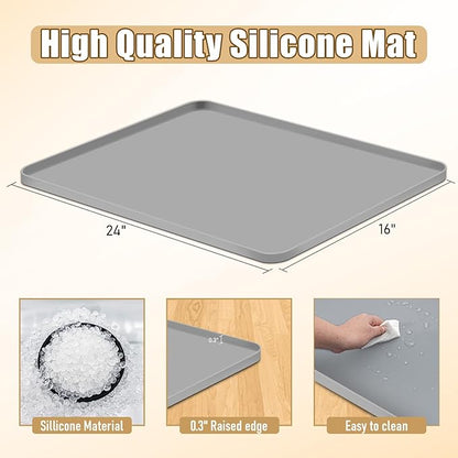 24x16x0.8 Inch Waterproof Water Cooler Mat with Raised Edge - Non-Slip Spill Drip Tray for Cooler Dispensers, Easy to Clean Mat for Floor & Countertop Protection in Kitchen, Office, Bedroom (Grey)