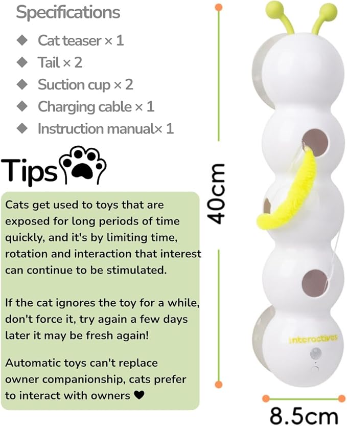Interactive Caterpillar Cat Toy, Motion Sensor, Simulation of Biological Trajectory, USB Charging, Stable Suction Cup, Interactive Cat Feather Toy for Indoor Cats, Caterpillar Smart Toy with 2 Tails