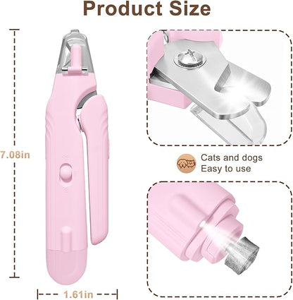 2-in-1 Dog Nail Clippers and Cat Nail Clippers with Light, Quick Sensor and Safety Guard, USB Rechargeable Pet Nail Trimmer with 2 LED Lights for Large Medium Small Dogs and Cats (Pink)