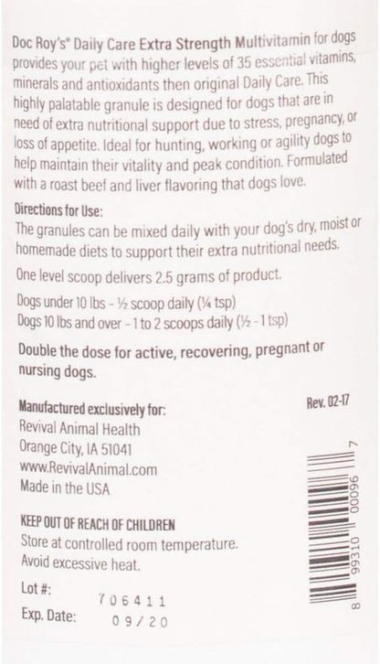 Doc Roy's Daily Care Extra Canine, Advanced Multivitamin Supplement for Dogs, Supports Energy, Immune, Muscle, Bone & Brain Health, Provides Vitamins A C D3 E B Complex, Iron Zinc, 400g Granules