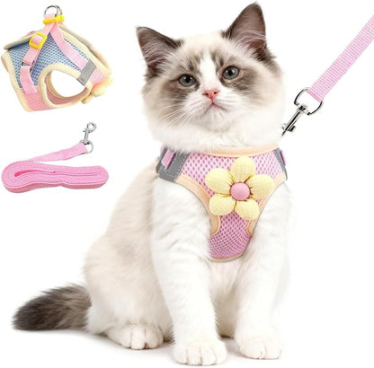 Cat Harness and Leash Set Escape Proof, Adjustable Leash & Breathable Mesh Vest with Reflective Strips & Flower, XS (XS)
