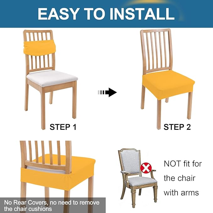 Smiry Waterproof Seat Covers for Dining Room Chairs Set of 8, Stretch Jacquard Removable Washable Chair Seat Slipcovers Protector, No Rear Covers, Mustard Yellow