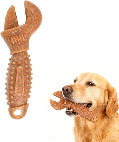 Dog Chew Toys for Aggressive Chewers, Medium & Large Dogs, Made of Real Pine Wood and Durable Food-Grade Nylon, with Tool Shape Design for Dental Cleaning and Long-Lasting Chewing Fun (Brown-Wrench)