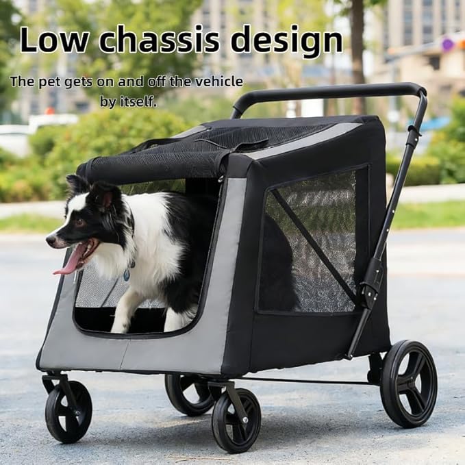 Extra Large Dog Stroller for Large Dogs Up to 130 lbs, Heavy Duty Pet Stroller with Breathable Mesh, Easy Fold Travel Pet Cart with Cup Holder, Adjustable Handle, Secure Safety Belts