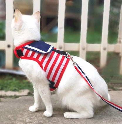 Cat Harness and Leash for Walking Escape Proof, Adjustable Cat Vest Harness, Padded Stylish Cat Walking Jackets, Sailor Suit Red, Small