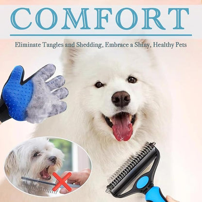 Dog Brush for Shedding 2-in-1 with Grooming Glove - Undercoat Rake & Shedding Tool for Long/Short Hair Dogs, Flea Comb & Hair Removal Brush for Gentle Massage (L)