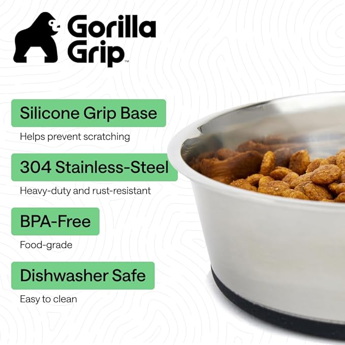 GORILLA GRIP Dog Bowls, Food Grade 304 Stainless Steel, Holds 4 Cups Each (32 fl oz) Food and Water Bowl for Feeding Dogs and Cats, Dishwasher Safe, Rust Resistant, BPA Free Rubber Base Set of 2 Black