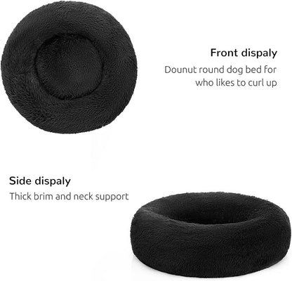 HACHIKITTY Calming Donut Cuddler Dog Bed, Round Fluffy Pet Bed for Small Dogs,Washable, Large, Black, 24''