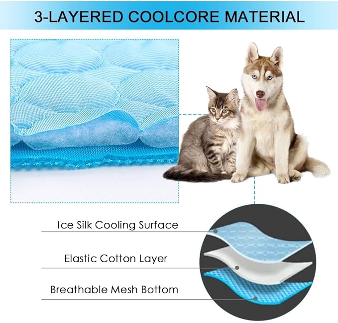 SOMOYA Dog Self Cooling Mat Pet Washable Cooling Pads Blanket Sleeping Kennel Mat,Ice Silk Sleep Mat Pad Non-Toxic Breathable Sleep Bed Beach for Large Dogs Cats (Blue, 27.5x19.7 in)