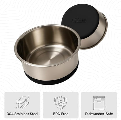 GORILLA GRIP Dog Bowls, Food Grade 304 Stainless Steel, Holds 8 Cups Each (64 fl oz) Food and Water Bowl for Feeding Dogs and Cats, Dishwasher Safe, Rust Resistant, BPA Free Rubber Base Set of 2 Black