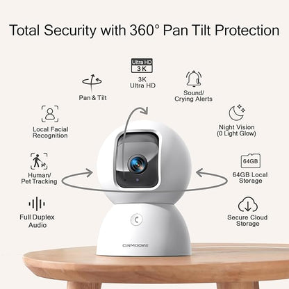 5G Indoor Camera, 3K Pet/Dog Camera with Phone App/Speaker, 64GB SD Card Included No Subscription, PTZ WiFi Baby Monitor for Home Security, 0-Glow Night Vision, Free AI Detection
