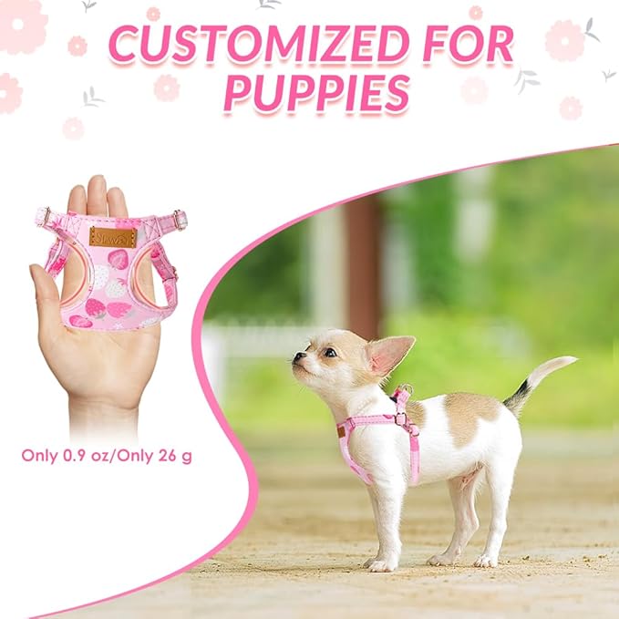 Lukovee Puppy Harness and Leash Set, No Pull Lightweight Soft Suede Adjustable Pet Harness Vest with Snap Buckle for Puppy Small and Medium Size Dog (Pink Strawberry, S)