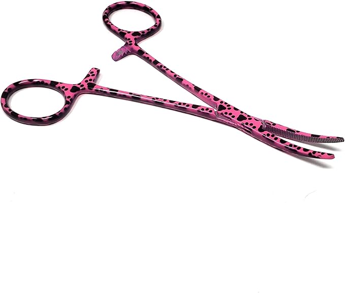 Dog Pet Ear/Nose Hair Puller Grooming Hemostat Locking Forceps Curved Pliers, 5.5" (14cm) Full Serrated Clamps Stainless Steel (Pink Paws)