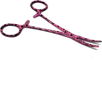 Dog Pet Ear/Nose Hair Puller Grooming Hemostat Locking Forceps Curved Pliers, 5.5" (14cm) Full Serrated Clamps Stainless Steel (Pink Paws)