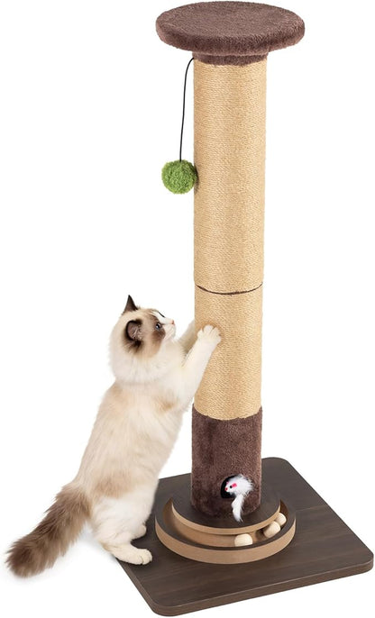 35.4" Tall Sisal Cat Scratching Post, Anti-Tip Stable Base, Interactive Mouse Hole & Toys, Furniture Grade Wood Cat Scratcher Tower for Indoor Cats
