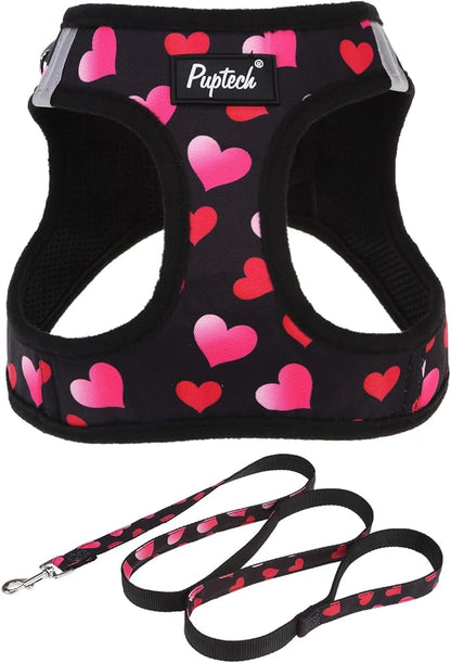 PUPTECK Dog Harness and Leash Set for Small Medium Dogs No Pull Step-in Soft Mesh Puppy Cat Vest Valentine Harnesses Reflective at Night, Black&Pink Heart, XS