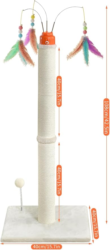 YARUOMY Cat Scratching Post，42.5" Tall Heavy Duty Cat Scratcher，Scratching Posts for Indoor Cats Adult with Interactive Cat Toys Automatic Teaser Wand and Rotating Hanging Balls