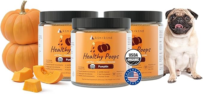 kin+kind Healthy Poops - Organic Pumpkin Powder for Dogs and Cats - Digestive and Probiotic Support w/Prebiotics & Fiber Powder - Cat & Dog Vitamins and Supplements for Sensitive Stomach - 3 x 4 oz