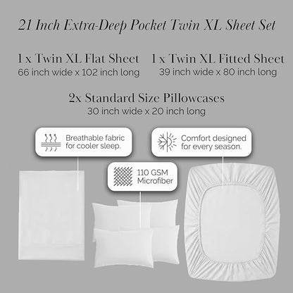 Southshore Fine Living, Inc. 4-Piece Dorm Sheets Twin XL Set, 21" Extra Deep Pocket Twin XL Bed Sheets Set, Oversized Flat Sheet, 2 Pillowcases Standard Size, White