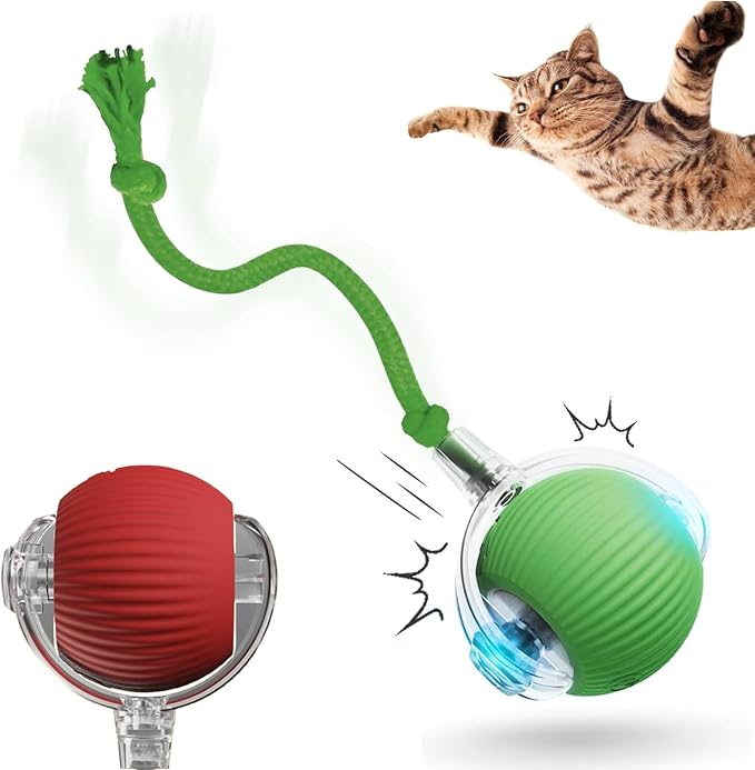 Interactive Rotating Cat Ball Toy, 360 Smart Rolling Ball Electric, Automatic Moving for Cats & Kittens (Green+Red)