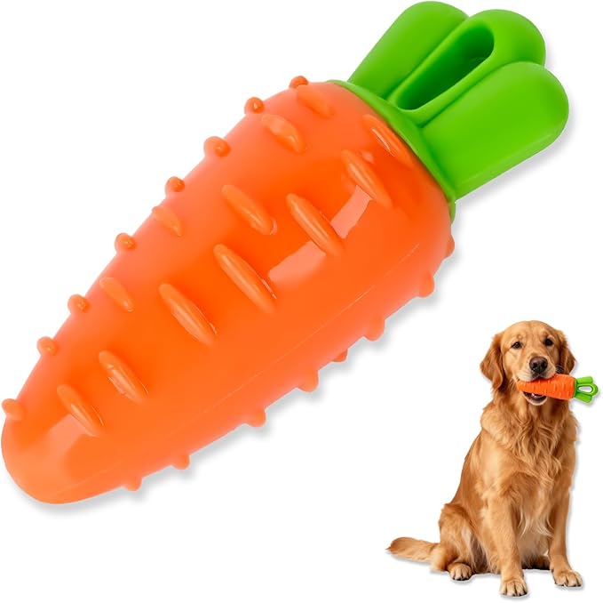 DAMAH Indestructible Carrot Dog Toy for Aggressive Chewers with Squeaky, Rubber Tough Dog Squeaky Chew Toys Teeth Cleaning Toy for Large, Medium and Small Breeds