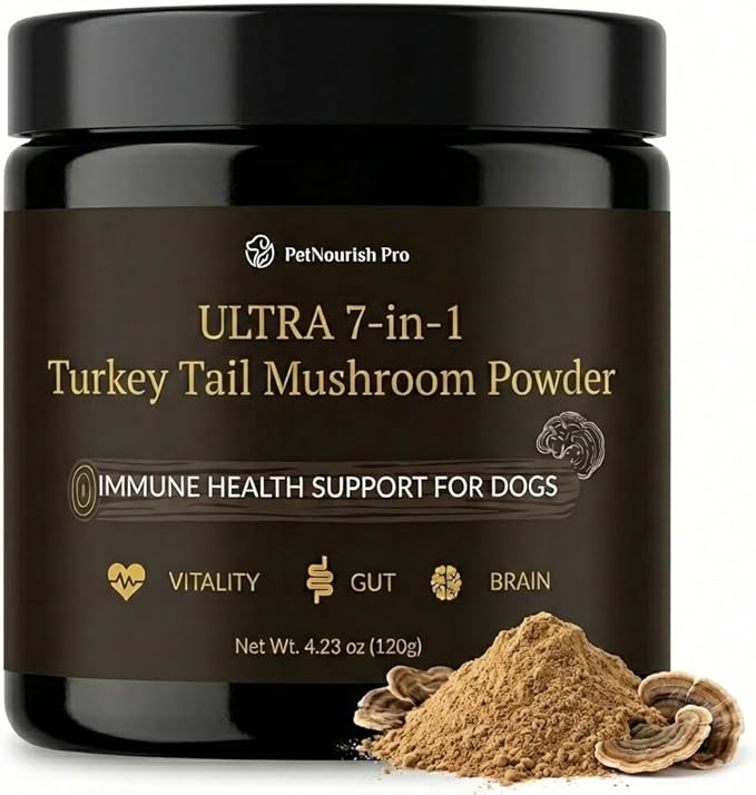 Turkey Tail Mushroom Powder for Dogs – Ultra 7-in-1 Mushroom Powder with Beta-Glucans, Immune, Digestive & Brain Support, Chicken Liver Flavor, Daily Supplement for Dogs-120g
