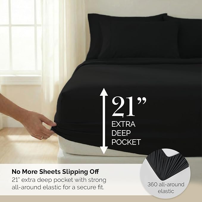 Southshore Fine Living, Inc. 6-Piece Full Sheet Set Premium Bedding, 21-Inch Black Full Size Sheets Set, 1 Deep Pocket Fitted Sheet, 1 Flat Bedsheet, Queen Pillow Cases, Black Sheets