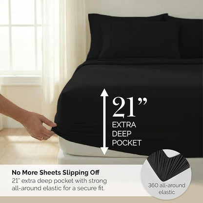 Southshore Fine Living, Inc. 6-Piece Full Sheet Set Premium Bedding, 21-Inch Black Full Size Sheets Set, 1 Deep Pocket Fitted Sheet, 1 Flat Bedsheet, Queen Pillow Cases, Black Sheets