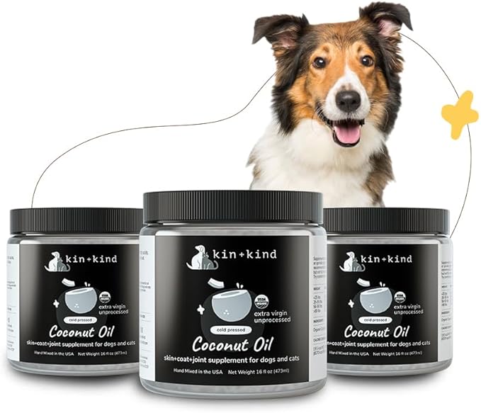 kin+kind Organic Coconut Oil for Dogs & Cats – Natural Pet Supplement for Healthy Skin, Coat & Paws – Cold Pressed Extra Virgin Coconut Oil – Dog Nose Balm for Itchy Skin & Dry Noses – 3 x 16 fl oz