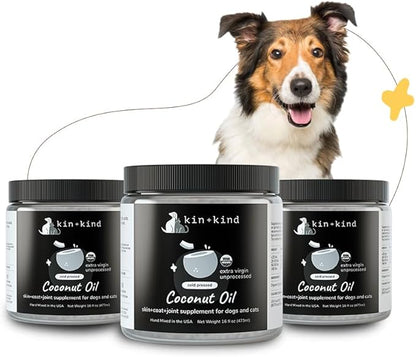 kin+kind Organic Coconut Oil for Dogs & Cats – Natural Pet Supplement for Healthy Skin, Coat & Paws – Cold Pressed Extra Virgin Coconut Oil – Dog Nose Balm for Itchy Skin & Dry Noses – 3 x 16 fl oz