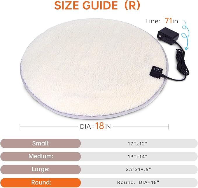 Cat Heating pad Indoor,Temperature Adjustable Kitten Heating pad Newborn with 12VDC Safe Voltage and Machine Washable.（R：Dia 18IN）
