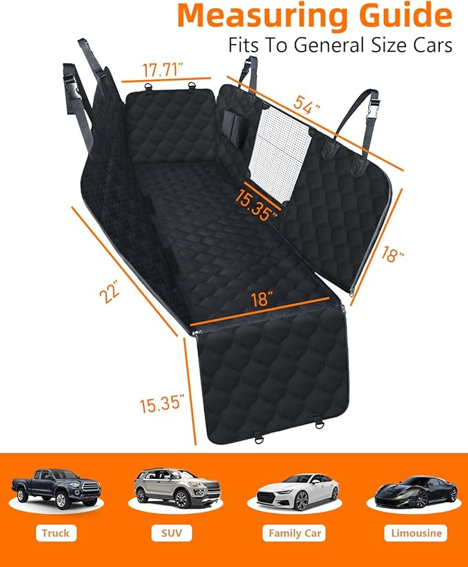 PETICON Dog Car Seat Cover with Mesh Window, 100% Waterproof Pet Seat Cover for Back Seat, Scratchproof Dog Hammock for Cars, Trucks, SUVs, Jeeps, Black