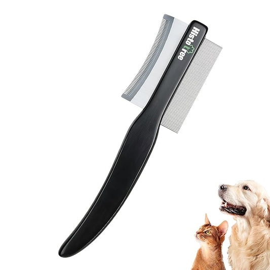 2-in-1 Dog Dematting&Deshedding Comb with Wooden Handle Double-Sided Fine Tooth Metal Flea Comb Pet Grooming Tool for Dogs and Cats Remove Loose Hair Tangles Dirt Fleas