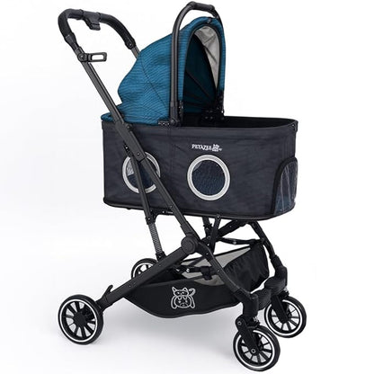 Dog Stroller for Small Medium Dogs & Cats Up to 50 lbs – NTHUT WagZee Foldable Pet Stroller with 360° Mesh Windows, One-Click Fold, Reflective Trim, Storage Basket & Cup Holder (Black Teal)