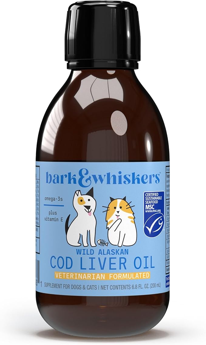 Dr. Mercola Bark & Whiskers Wild Alaskan Cod Liver Oil for Dogs & Cats, Omega-3s, Vitamin E, Skin and Coat, Joint Health, Veterinarian Formulated, Non-GMO - 6.8 Fl. Oz. (200 mL)