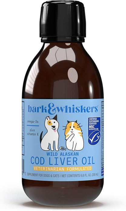 Dr. Mercola Bark & Whiskers Wild Alaskan Cod Liver Oil for Dogs & Cats, Omega-3s, Vitamin E, Skin and Coat, Joint Health, Veterinarian Formulated, Non-GMO - 6.8 Fl. Oz. (200 mL)