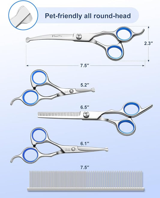 6-in-1 Dog Grooming Scissors - Professional Stainless Steel Hair Cutting Kit with Safety Rounded Tips, Ergonomic Soft-Grip Handles for Small & Large Dogs, Cats