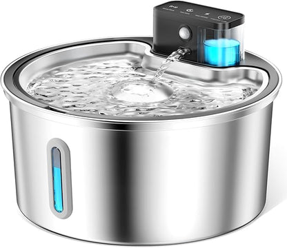PawPoll Wireless Cat Water Fountain Stainless Steel - 3.2L/108oz Cordless Pet Water Fountain Battery Operated Cat Water Dispenser Ultra Silent Rechargeable Water Fountains for Cats and Dogs