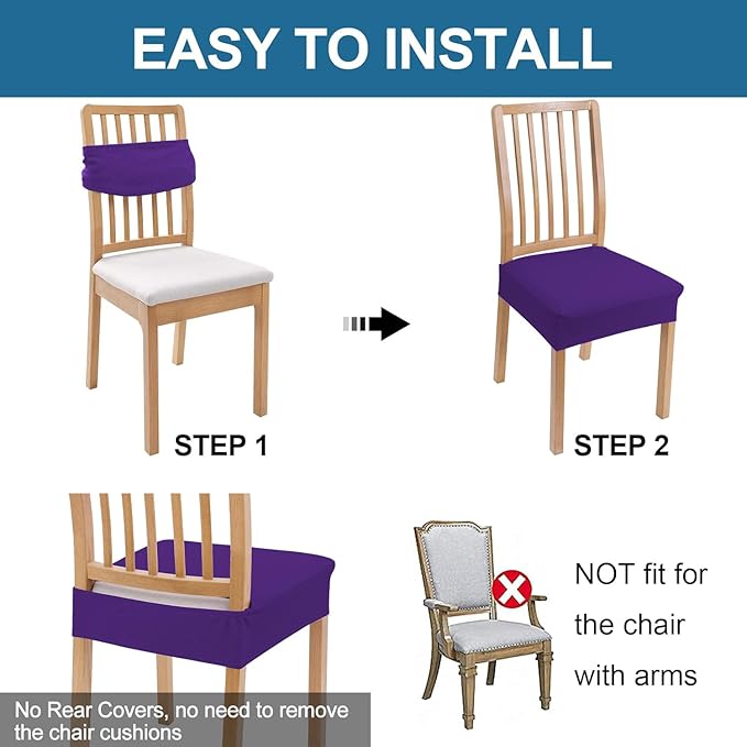 Smiry Waterproof Seat Covers for Dining Room Chairs Set of 6, Stretch Jacquard Removable Washable Chair Seat Slipcovers Protector, No Rear Covers, Violet