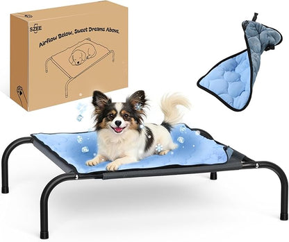 SZEE Raised Dog Bed with Detachable 2-Sided Cooling/Warming Waterproof Mat, Elevated Dog Cot Bed for Small Sized Breeds with Durable Steel Frame & Sturdy Teslin Mesh, Outdoor & Indoor All-Season Use