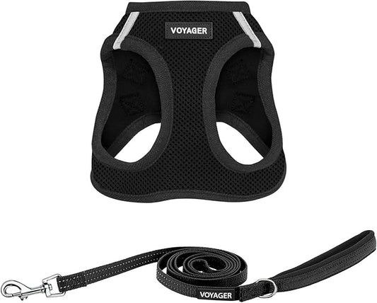 Best Pet Supplies Voyager Step-in Air All Weather Mesh Harness and Reflective Dog 5ft Leash Combo with Neoprene Handle, for Small, Medium and Large Breed Puppies - Set (Black), XX-Small