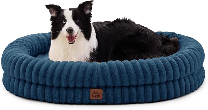 ChiXnuggle XL Dog Bed - Luxury Striped Faux Fur Waterproof Pet Couch with Removable Washable Cover, Orthopedic Dog Bed with Bolster Sides for Sleeping, Midnight Blue