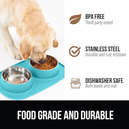 GORILLA GRIP Feeding Mat Bowl Set, 100% Waterproof BPA Free Silicone, 304 Stainless Steel Cat and Dog Bowls for Food and Water, Slip Resistant, High Edge, US Designed, Patent Pending, 2 Cup Turquoise