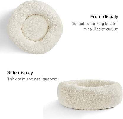 HACHIKITTY Calming Donut Cuddler Dog Bed, Round Fluffy Pet Bed for Small Dogs,Washable, Large, White, 24''