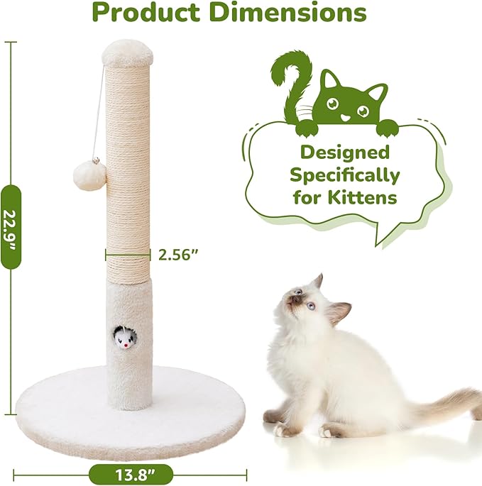 Woochpet Cat Scratching Post for Kitten, 23in Tall Cute Small Cat Scratching Post with Premium Sisal Rope and Dangling Cat Toy Balls (White